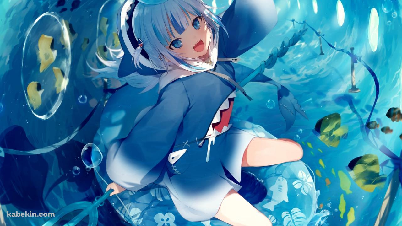 鮫のイラストが描いた浮き輪に乗ってはしゃぐがうる・ぐら / ホロライブ / バーチャルYouTuber / Vtuberの壁紙(1280px x 720px) 高画質 PC・デスクトップ用