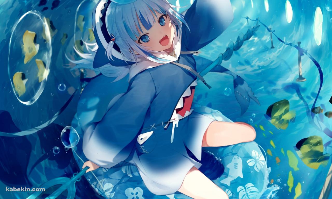 鮫のイラストが描いた浮き輪に乗ってはしゃぐがうる・ぐら / ホロライブ / バーチャルYouTuber / Vtuberの壁紙(1280px x 768px) 高画質 PC・デスクトップ用