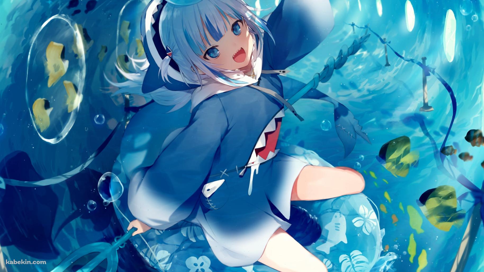 鮫のイラストが描いた浮き輪に乗ってはしゃぐがうる・ぐら / ホロライブ / バーチャルYouTuber / Vtuberの壁紙(1829px x 1029px) 高画質 PC・デスクトップ用