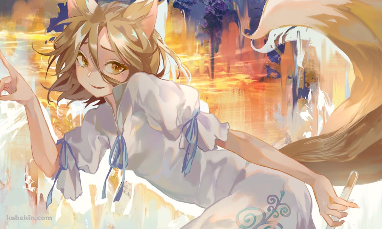 手で狐を作る菅牧典（くだまきつかさ） / 東方虹龍洞の壁紙(1280px x 768px) 高画質 PC・デスクトップ用