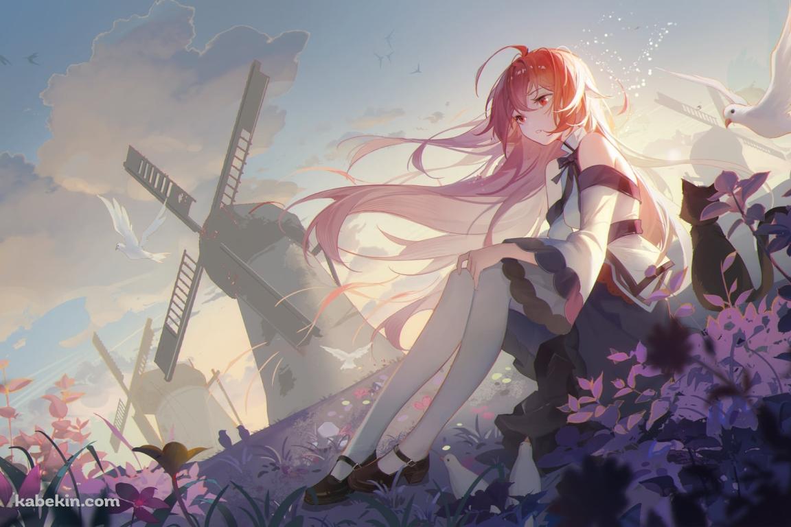紫の草が生える丘に座るエリス・ボレアス・グレイラット / 大きな風車 / 無職転生の壁紙(1152px x 768px) 高画質 PC・デスクトップ用