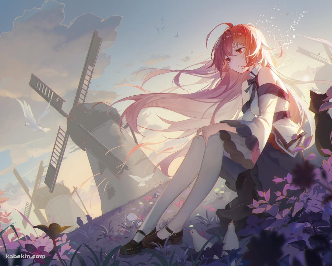 紫の草が生える丘に座るエリス・ボレアス・グレイラット / 大きな風車 / 無職転生の壁紙(1280px x 1024px) 高画質 PC・デスクトップ用
