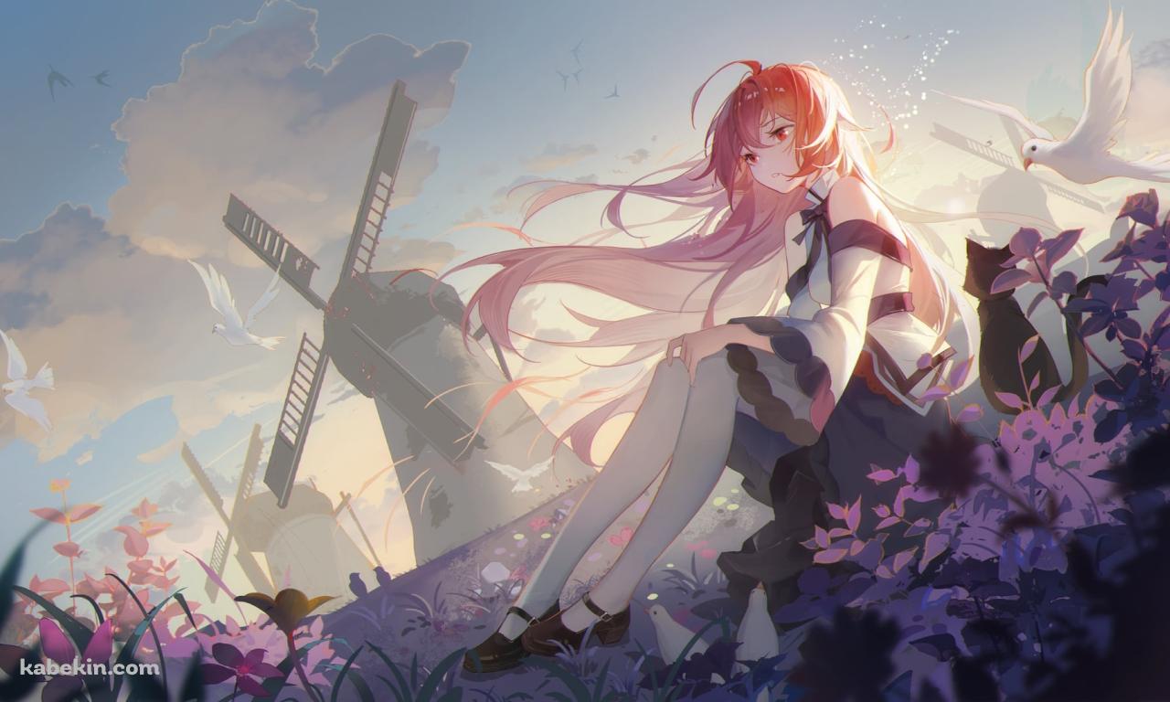 紫の草が生える丘に座るエリス・ボレアス・グレイラット / 大きな風車 / 無職転生の壁紙(1280px x 768px) 高画質 PC・デスクトップ用