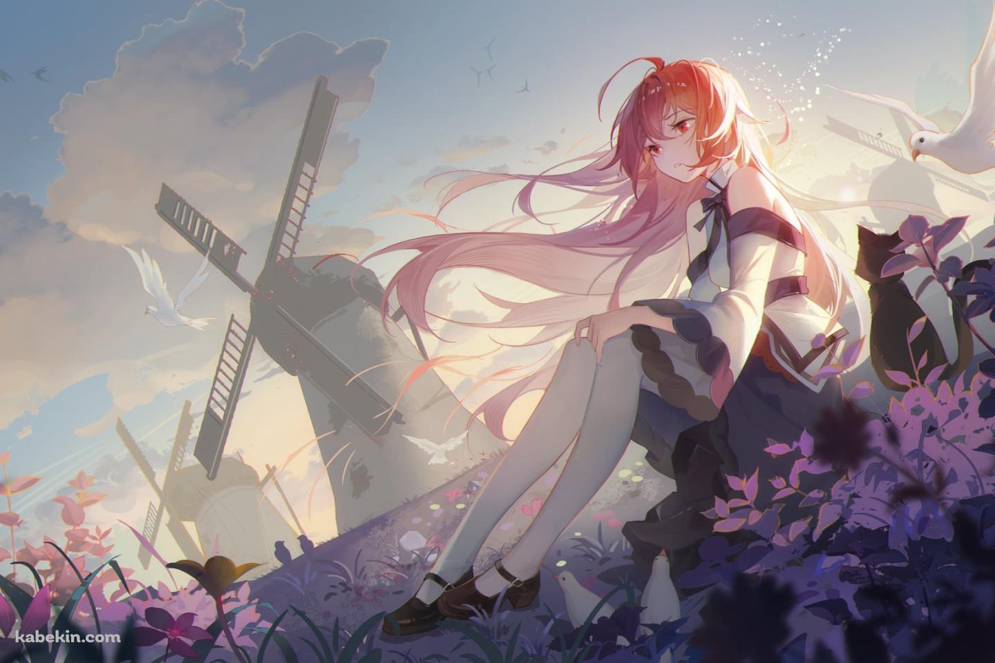 紫の草が生える丘に座るエリス・ボレアス・グレイラット / 大きな風車 / 無職転生の壁紙(1440px x 960px) 高画質 PC・デスクトップ用