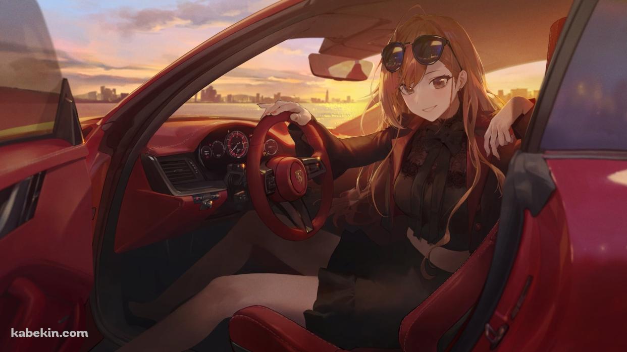 赤いスポーツカーの運転席に乗る有栖川夏葉 (ありすがわ なつは) / 左ハンドル / サングラス / アイドルマスターシャイニーカラーズの壁紙(1242px x 698px) 高画質 PC・デスクトップ用