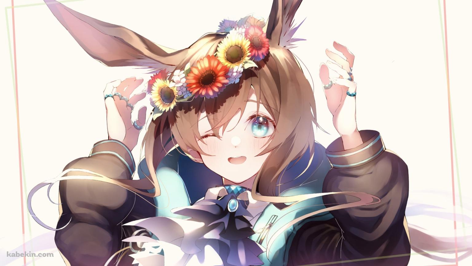 眩しい光の中、ウィンクするアーミヤ / カラフルな花の髪飾り / アークナイツの壁紙(1536px x 864px) 高画質 PC・デスクトップ用