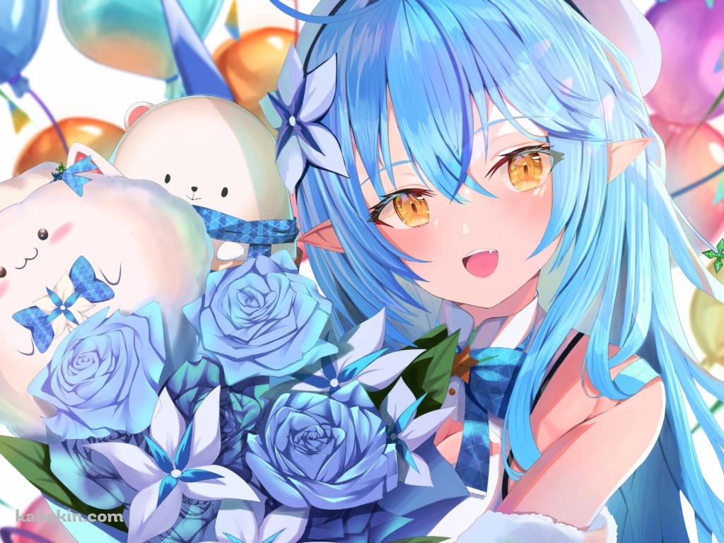 青い薔薇の花束を持つ可愛い雪花ラミィとだいふく / カラフルなハートの風船 / ホロライブ / バーチャルYouTuber / Vtuberの壁紙(1024px x 768px) 高画質 PC・デスクトップ用
