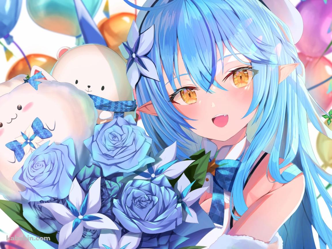 青い薔薇の花束を持つ可愛い雪花ラミィとだいふく / カラフルなハートの風船 / ホロライブ / バーチャルYouTuber / Vtuberの壁紙(1152px x 864px) 高画質 PC・デスクトップ用