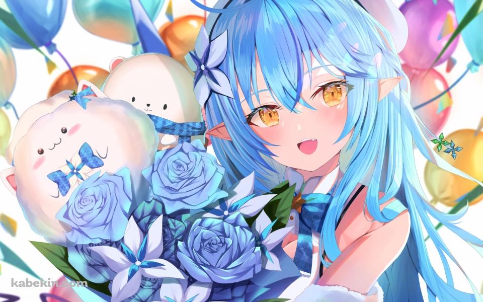 青い薔薇の花束を持つ可愛い雪花ラミィとだいふく / カラフルなハートの風船 / ホロライブ / バーチャルYouTuber / Vtuberの壁紙(960px x 600px) 高画質 PC・デスクトップ用
