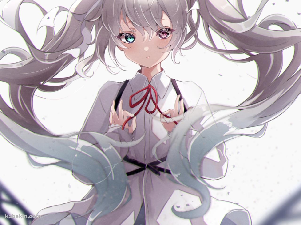 胸元の赤い紐を両手で持つ可愛いニーゴミク / 赤と緑のオッドアイ / 初音ミク / ボカロ / ボーカロイド / プロセカ / プロジェクトセカイの壁紙(1280px x 960px) 高画質 PC・デスクトップ用