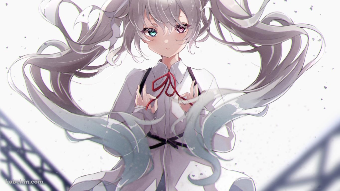 胸元の赤い紐を両手で持つ可愛いニーゴミク / 赤と緑のオッドアイ / 初音ミク / ボカロ / ボーカロイド / プロセカ / プロジェクトセカイの壁紙(1366px x 768px) 高画質 PC・デスクトップ用