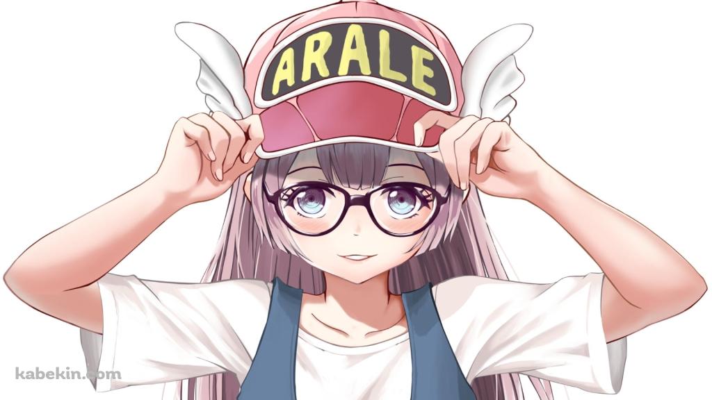 帽子のひさしを両手で持つアラレちゃん / Dr.スランプの壁紙(1024px x 576px) 高画質 PC・デスクトップ用
