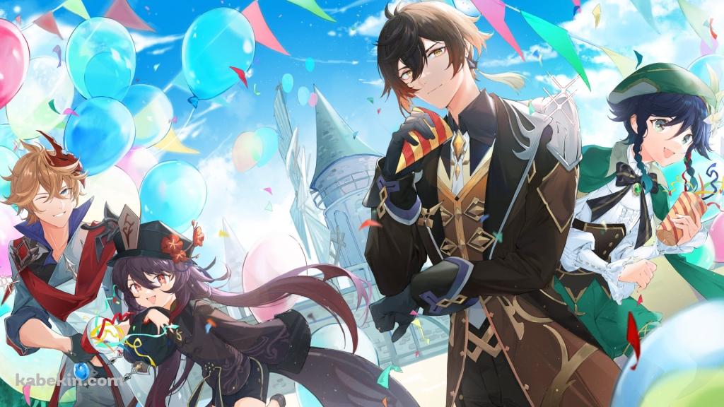 笑顔の胡桃、鍾離、タルタリヤ、ウェンティ / 赤・水色・ピンクの風船 / カラフルな三角旗の壁紙(1024px x 576px) 高画質 PC・デスクトップ用