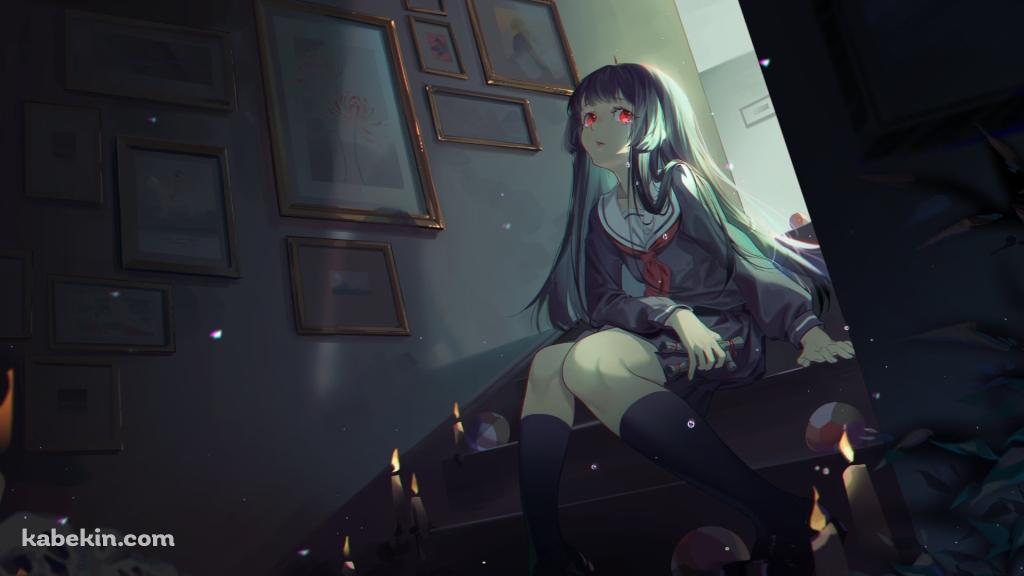 暗い部屋の階段に座る閻魔あい (えんまあい) / 絵画 / 蝋燭 / 地獄少女の壁紙(1024px x 576px) 高画質 PC・デスクトップ用