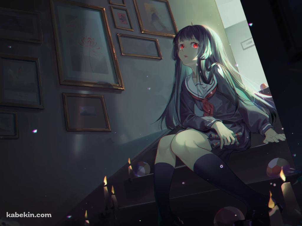暗い部屋の階段に座る閻魔あい (えんまあい) / 絵画 / 蝋燭 / 地獄少女の壁紙(1024px x 768px) 高画質 PC・デスクトップ用