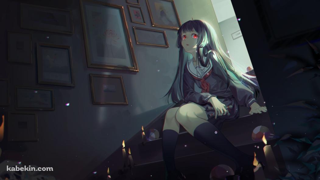 暗い部屋の階段に座る閻魔あい (えんまあい) / 絵画 / 蝋燭 / 地獄少女の壁紙(1051px x 591px) 高画質 PC・デスクトップ用
