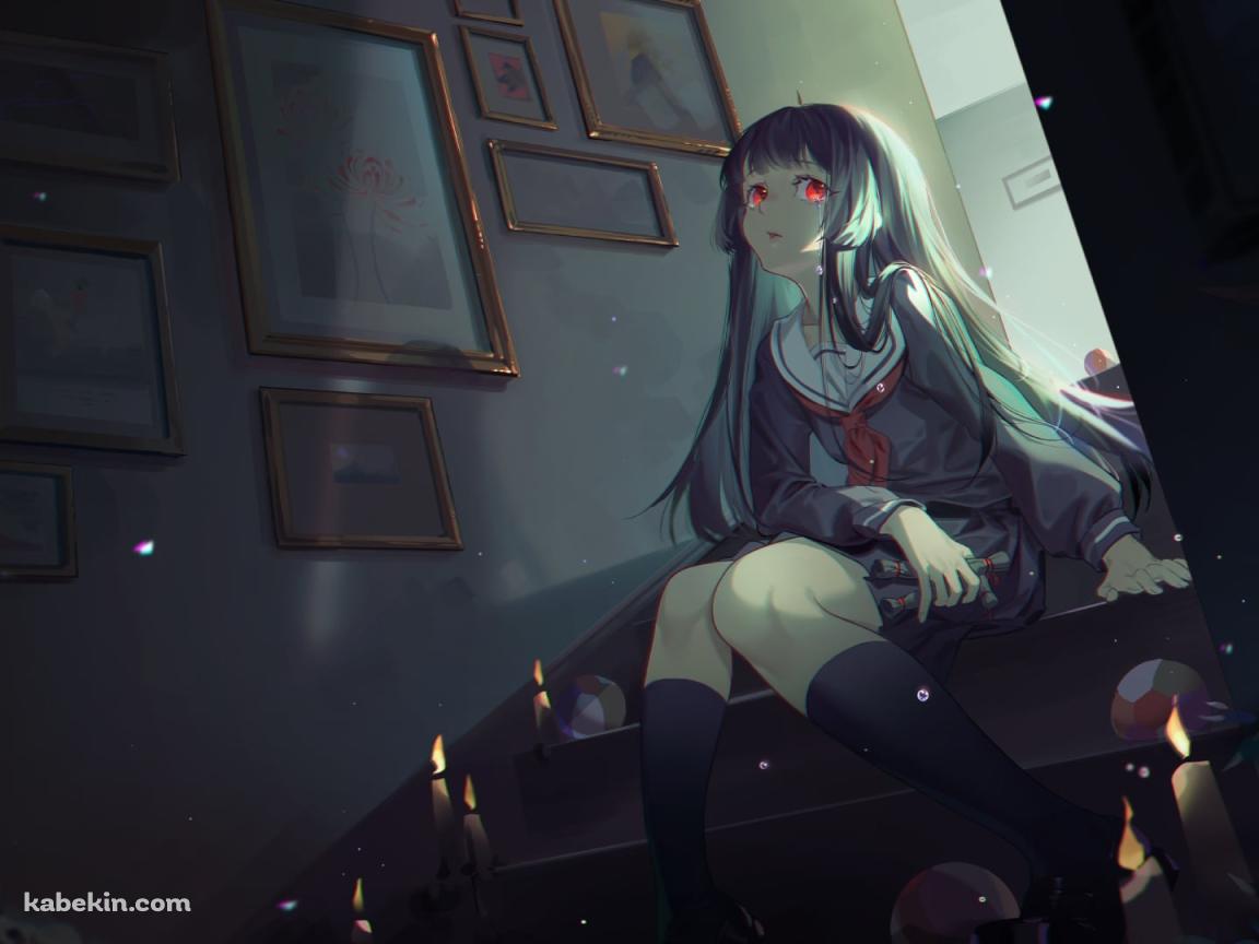 暗い部屋の階段に座る閻魔あい (えんまあい) / 絵画 / 蝋燭 / 地獄少女の壁紙(1152px x 864px) 高画質 PC・デスクトップ用