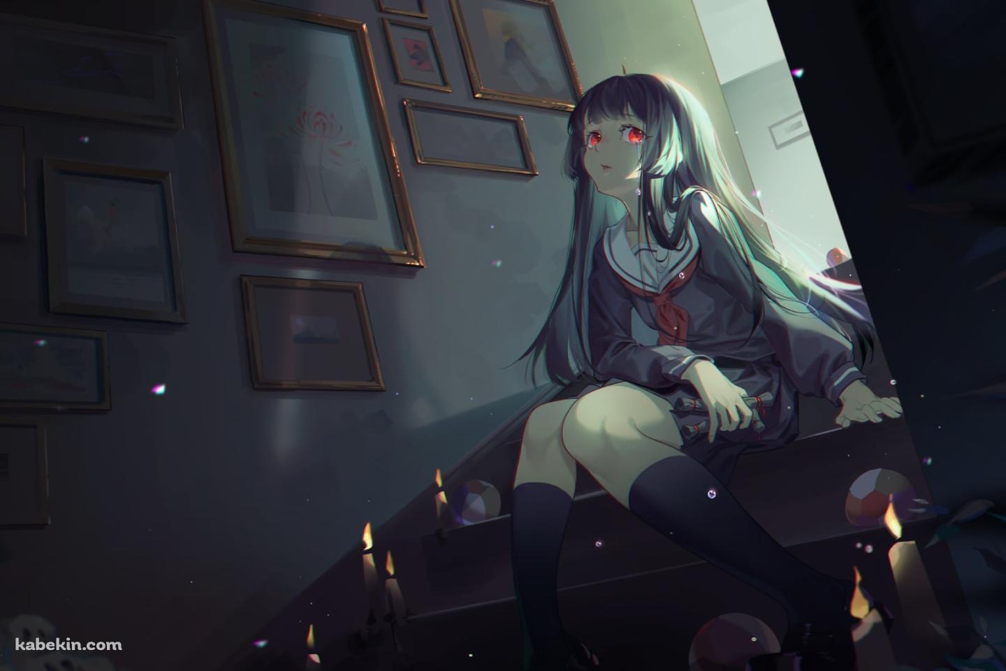 暗い部屋の階段に座る閻魔あい (えんまあい) / 絵画 / 蝋燭 / 地獄少女の壁紙(1440px x 960px) 高画質 PC・デスクトップ用