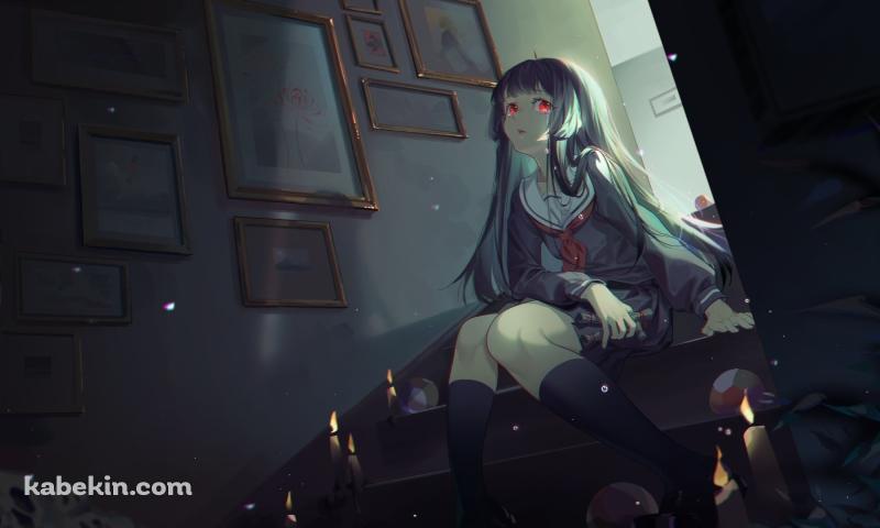 暗い部屋の階段に座る閻魔あい (えんまあい) / 絵画 / 蝋燭 / 地獄少女の壁紙(800px x 480px) 高画質 PC・デスクトップ用