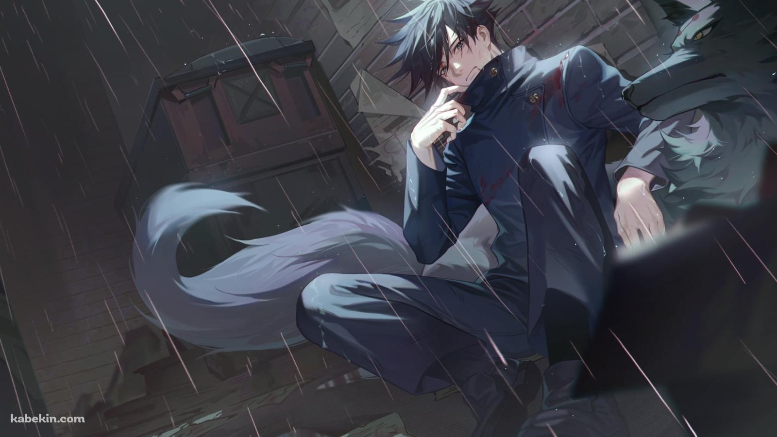 雨の中、地べたに座り込む伏黒恵 (ふしぐろめぐみ) / 玉犬・渾 / 呪術廻戦の壁紙(1600px x 900px) 高画質 PC・デスクトップ用