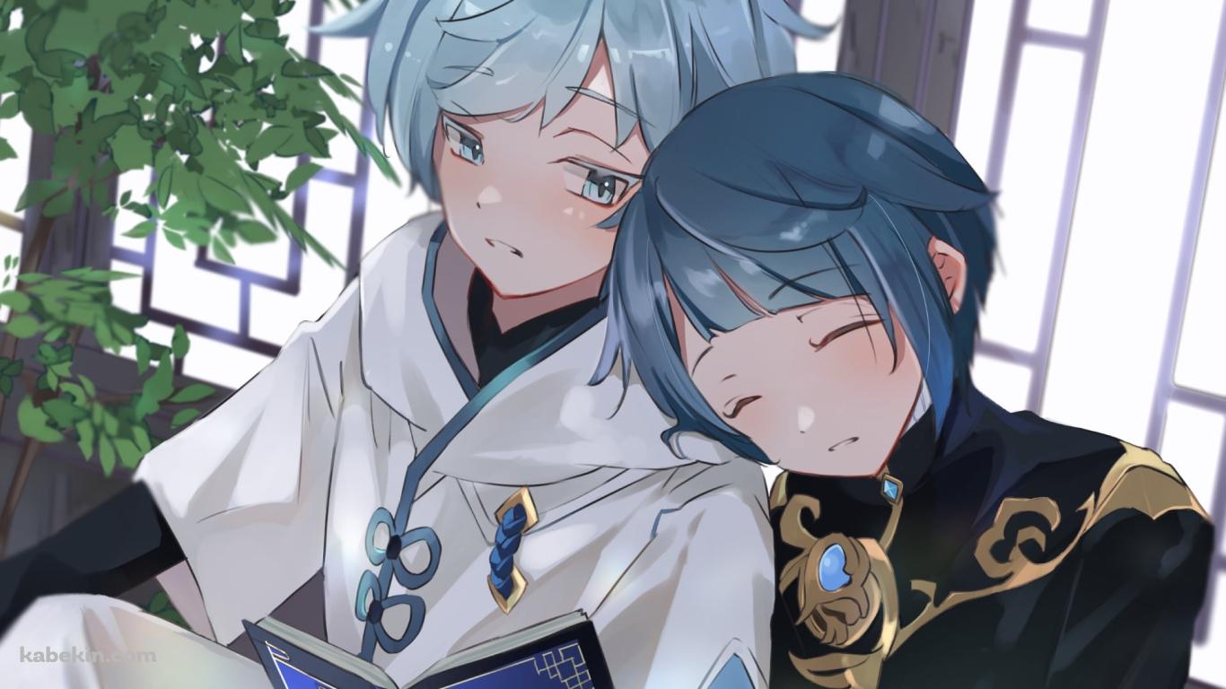 並んで本を読む重雲と行秋 / 原神の壁紙(1366px x 768px) 高画質 PC・デスクトップ用