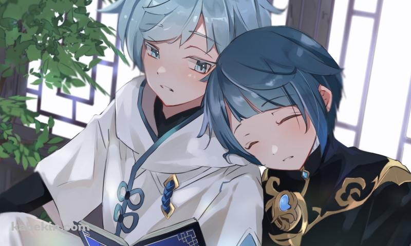 並んで本を読む重雲と行秋 / 原神の壁紙(800px x 480px) 高画質 PC・デスクトップ用