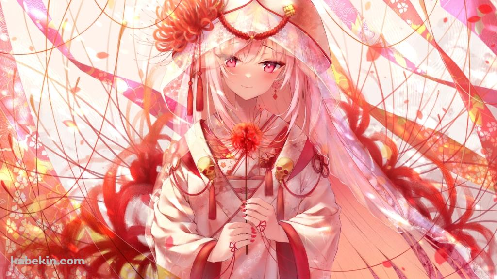 白い着物を着て彼岸花を持つ綺麗な森カリオペ / ホロライブ / バーチャルYouTuber / Vtuberの壁紙(1024px x 576px) 高画質 PC・デスクトップ用