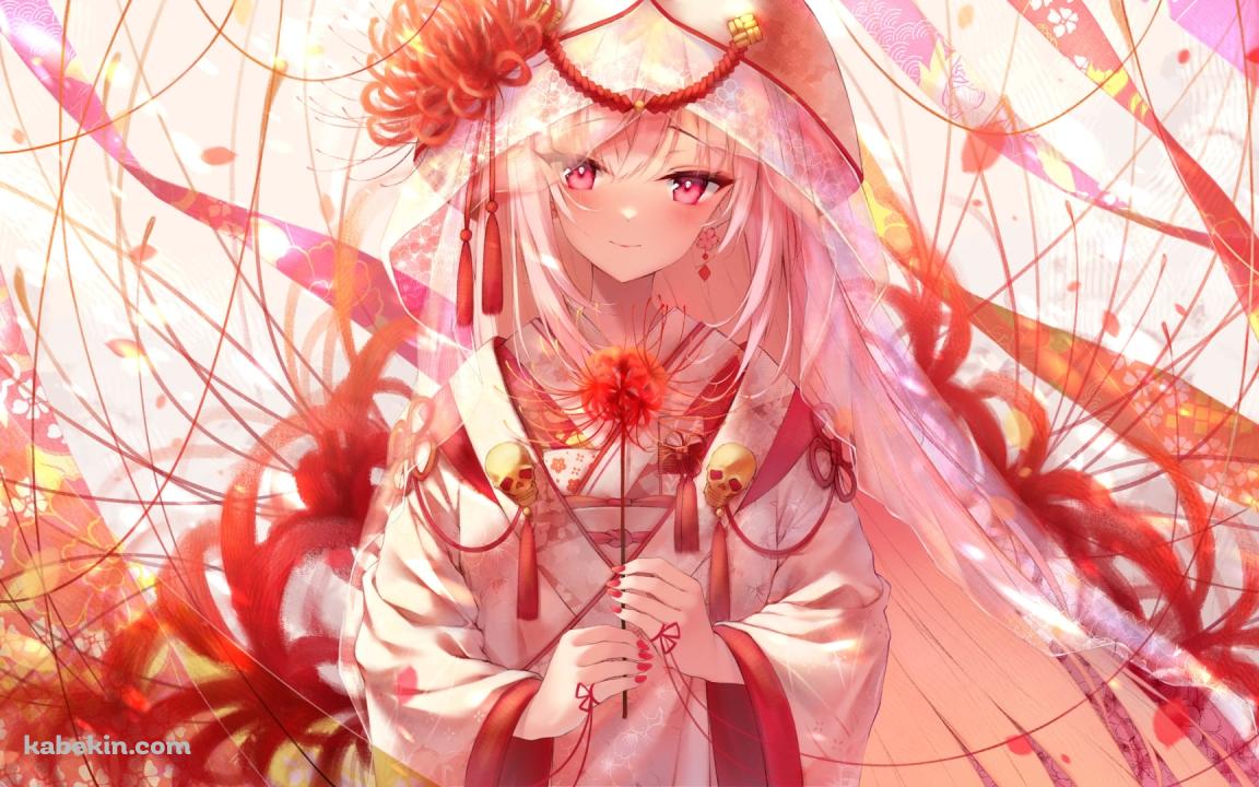 白い着物を着て彼岸花を持つ綺麗な森カリオペ / ホロライブ / バーチャルYouTuber / Vtuberの壁紙(1152px x 720px) 高画質 PC・デスクトップ用