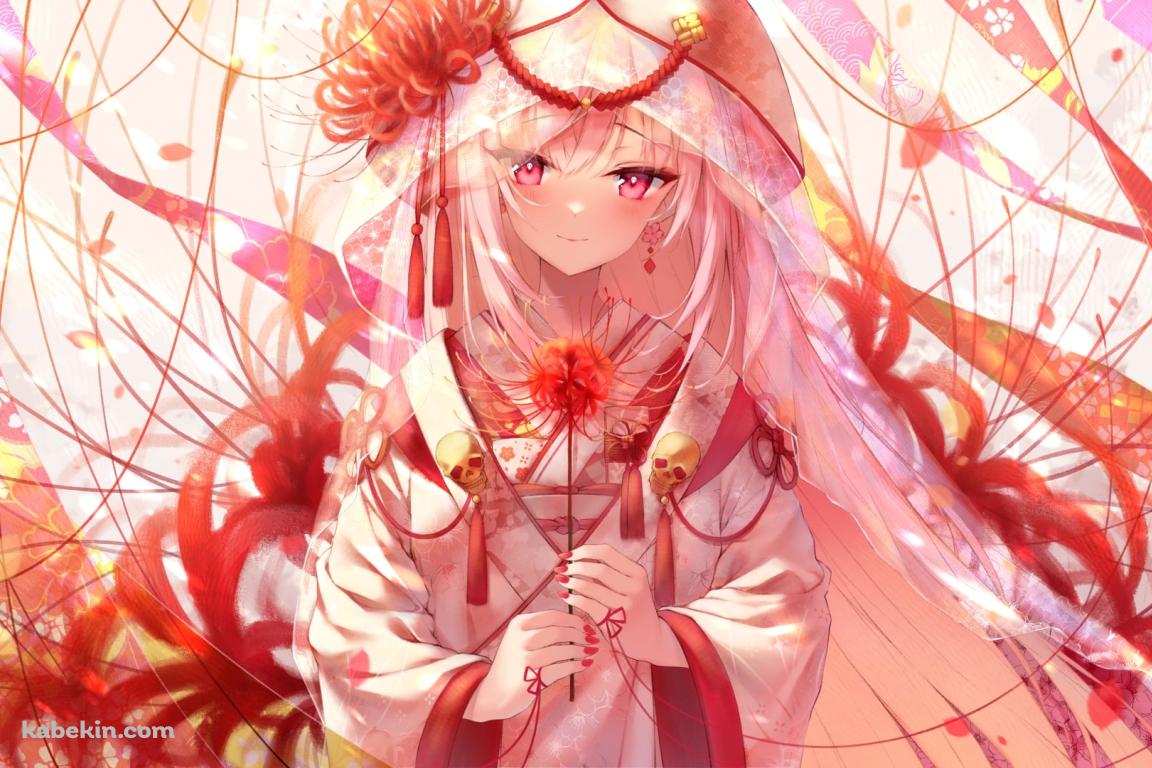 白い着物を着て彼岸花を持つ綺麗な森カリオペ / ホロライブ / バーチャルYouTuber / Vtuberの壁紙(1152px x 768px) 高画質 PC・デスクトップ用