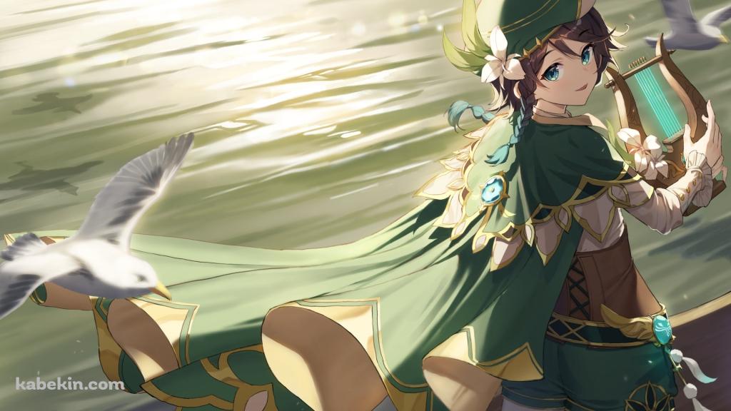 竪琴を弾くウェンティと白いカモメ / 原神の壁紙(1024px x 576px) 高画質 PC・デスクトップ用