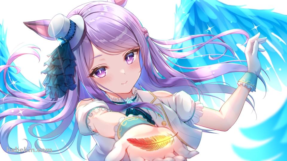 オレンジ・黄色の羽を手のひらに乗せて差し出す可愛いメジロマックイーンの壁紙(960px x 540px) 高画質 PC・デスクトップ用