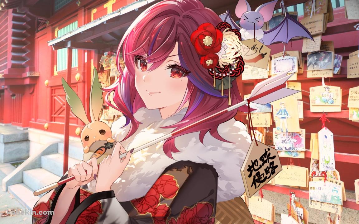 絵馬がついた破魔矢を持つ可愛いオルフェ / orphe / 正月 / 着物 / バーチャルYouTuber / Vtuberの壁紙(1152px x 720px) 高画質 PC・デスクトップ用
