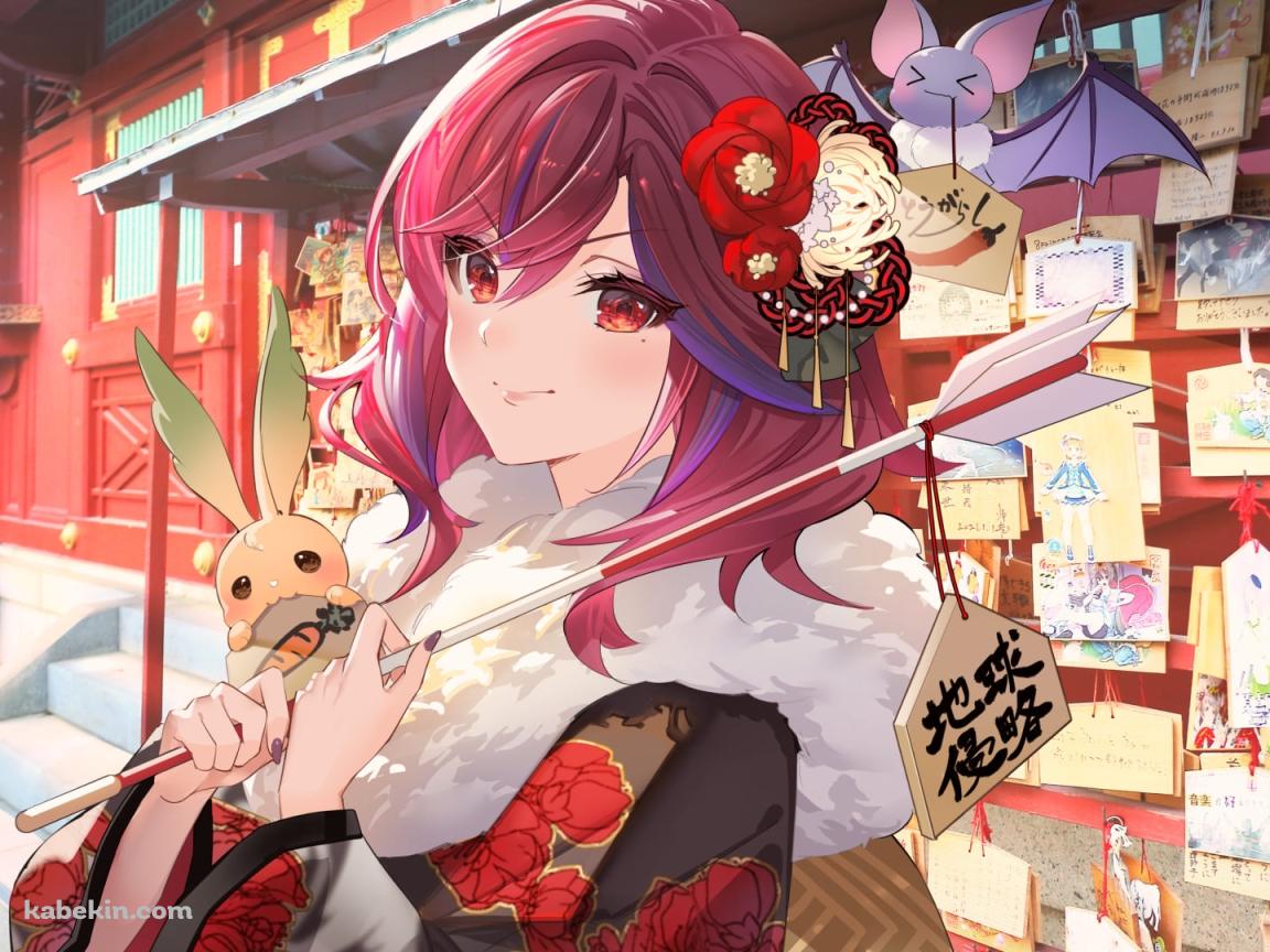絵馬がついた破魔矢を持つ可愛いオルフェ / orphe / 正月 / 着物 / バーチャルYouTuber / Vtuberの壁紙(1152px x 864px) 高画質 PC・デスクトップ用