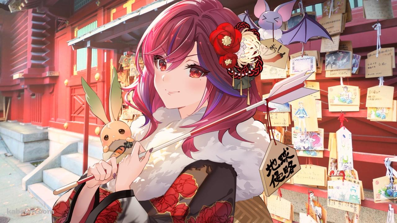 絵馬がついた破魔矢を持つ可愛いオルフェ / orphe / 正月 / 着物 / バーチャルYouTuber / Vtuberの壁紙(1280px x 720px) 高画質 PC・デスクトップ用