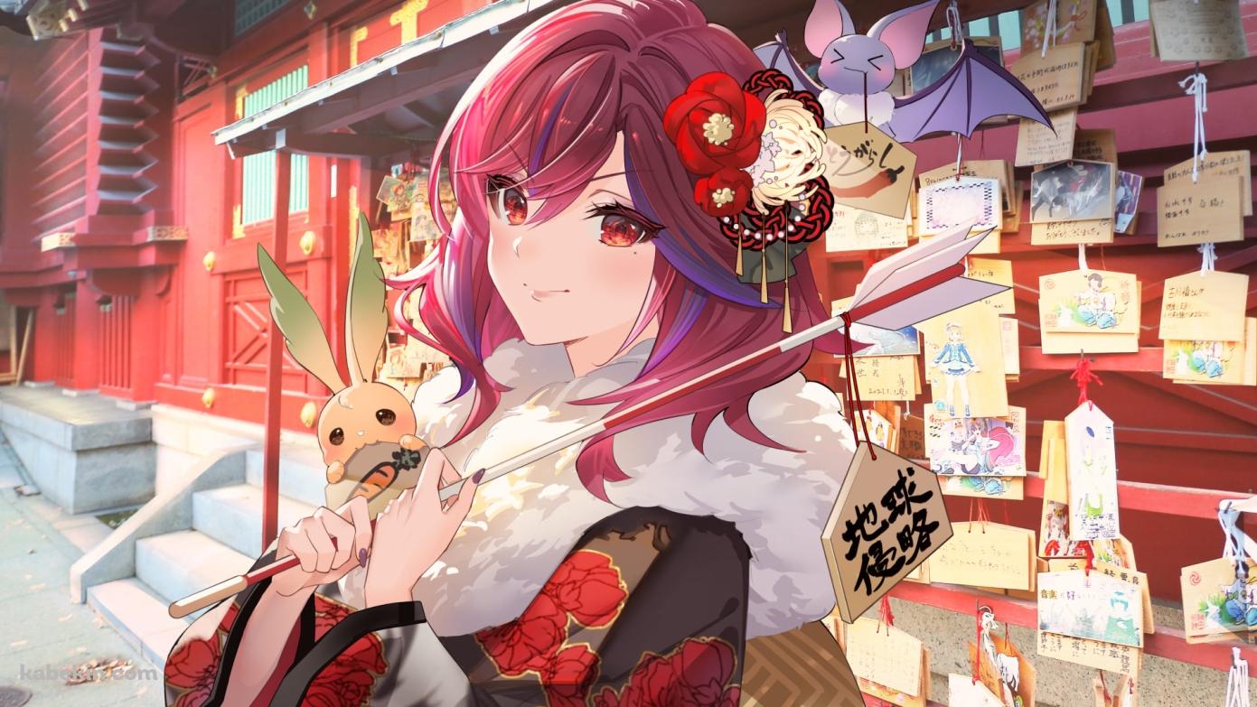 絵馬がついた破魔矢を持つ可愛いオルフェ / orphe / 正月 / 着物 / バーチャルYouTuber / Vtuberの壁紙(1391px x 783px) 高画質 PC・デスクトップ用