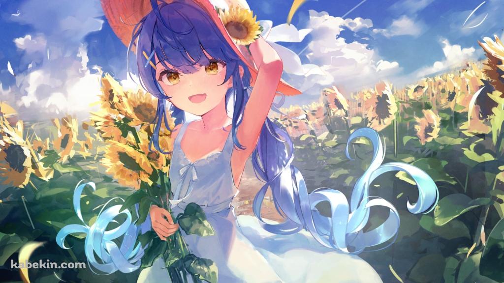 向日葵を摘み麦わら帽子をおさえる可愛い天宮こころ / にじさんじ / バーチャルYouTuber / Vtuberの壁紙(1024px x 576px) 高画質 PC・デスクトップ用