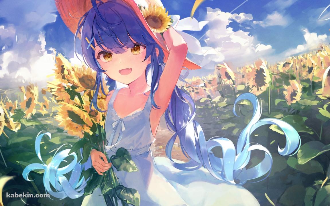 向日葵を摘み麦わら帽子をおさえる可愛い天宮こころ / にじさんじ / バーチャルYouTuber / Vtuberの壁紙(1152px x 720px) 高画質 PC・デスクトップ用