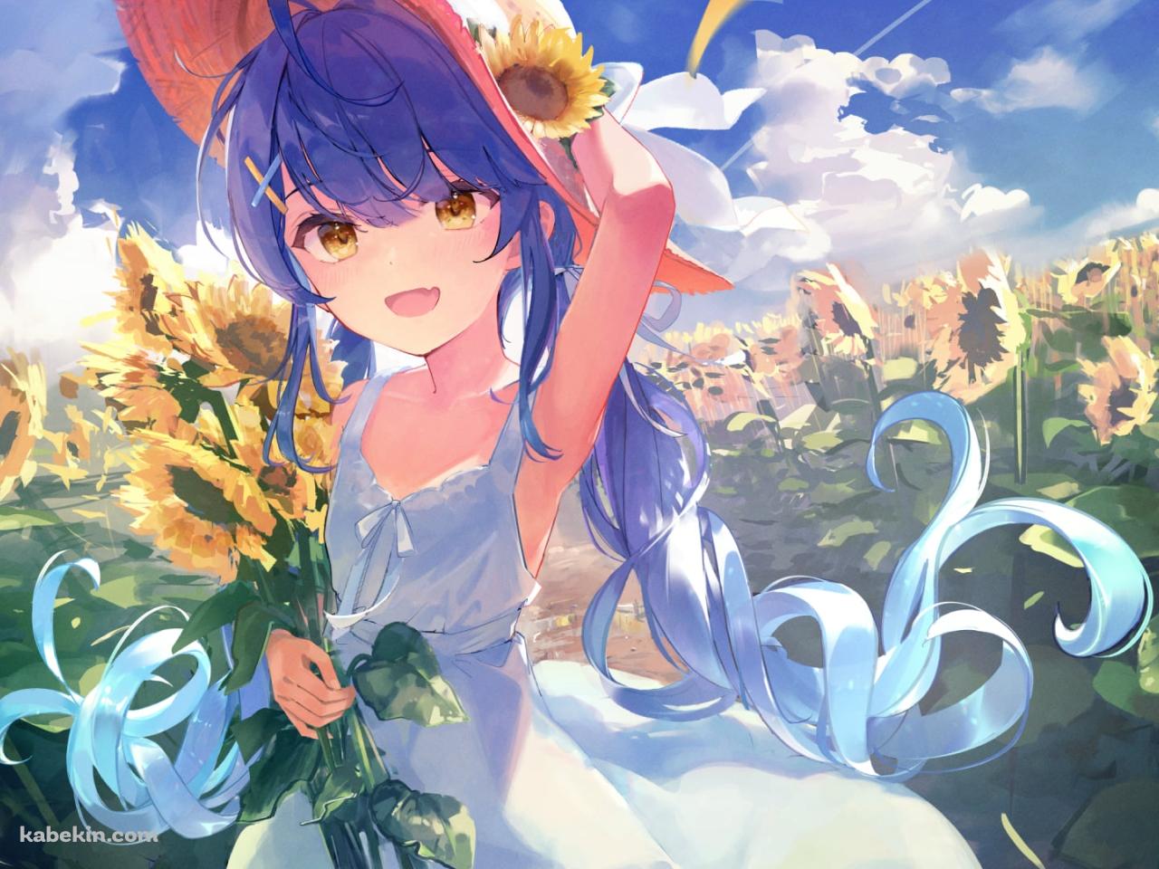 向日葵を摘み麦わら帽子をおさえる可愛い天宮こころ / にじさんじ / バーチャルYouTuber / Vtuberの壁紙(1280px x 960px) 高画質 PC・デスクトップ用