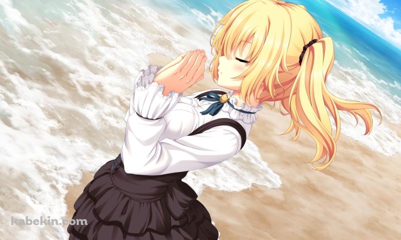波打ち際で海に向かってお祈りをするパトリシア・オブ・エンド / ノラと皇女と野良猫ハートの壁紙(800px x 480px) 高画質 PC・デスクトップ用