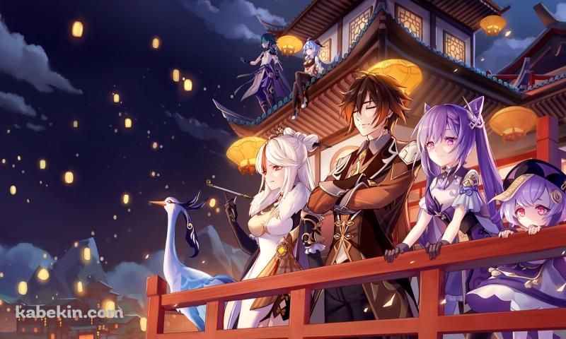 高所から祭を眺める甘雨、刻晴、鍾離、魈、凝光、七七、留雲借風 / 原神の壁紙(800px x 480px) 高画質 PC・デスクトップ用