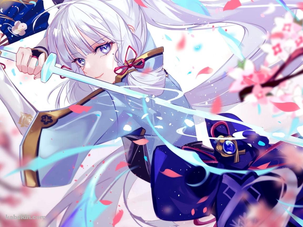 ピンクの桜の中で剣を構え微笑む神里綾華 / 原神の壁紙(1152px x 864px) 高画質 PC・デスクトップ用