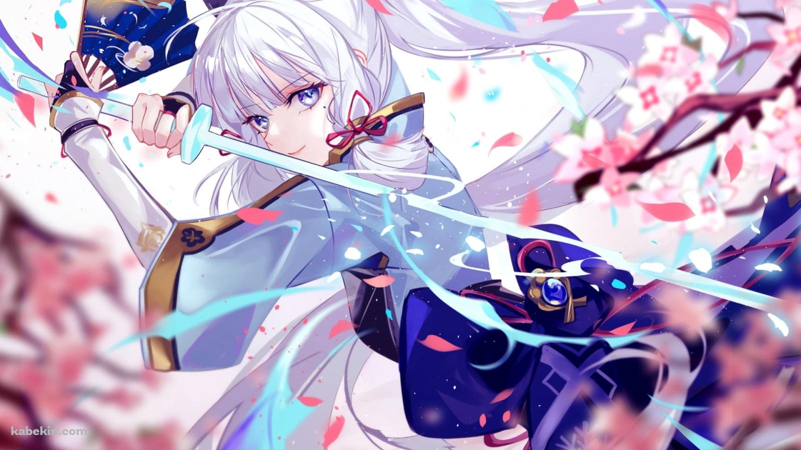 ピンクの桜の中で剣を構え微笑む神里綾華 / 原神の壁紙(1600px x 900px) 高画質 PC・デスクトップ用