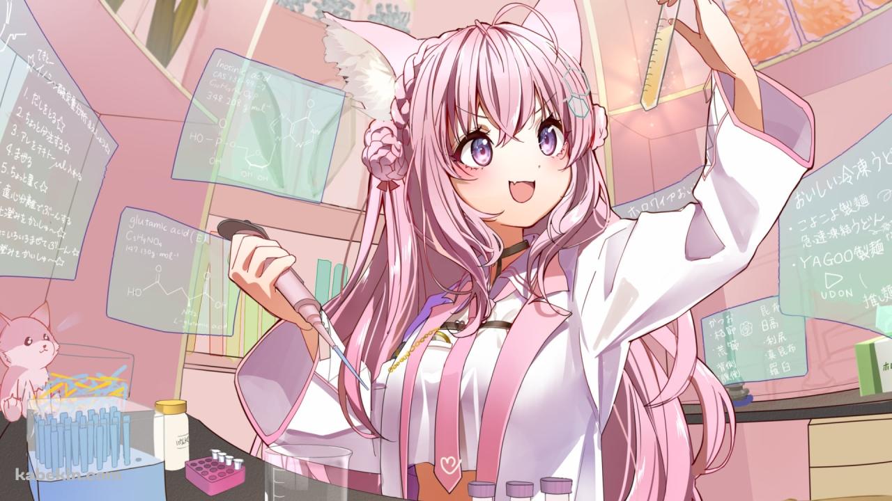 黄色の液体が入った試験管を持つ笑顔の博衣こより / ホロライブ / バーチャルYouTuber / Vtuberの壁紙(1280px x 720px) 高画質 PC・デスクトップ用