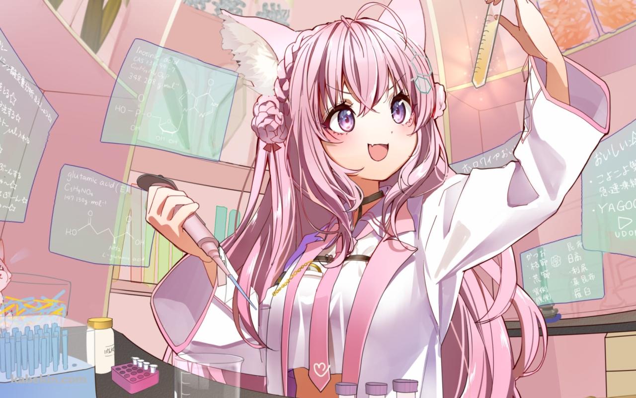 黄色の液体が入った試験管を持つ笑顔の博衣こより / ホロライブ / バーチャルYouTuber / Vtuberの壁紙(1280px x 800px) 高画質 PC・デスクトップ用
