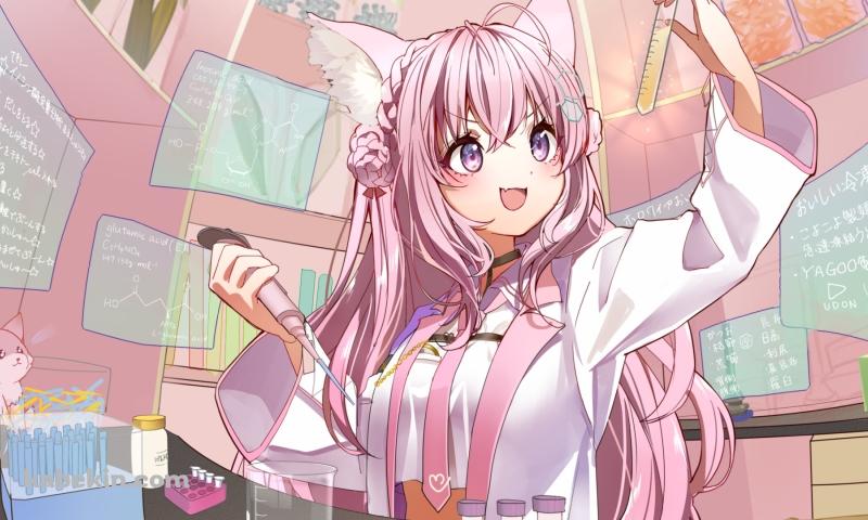 黄色の液体が入った試験管を持つ笑顔の博衣こより / ホロライブ / バーチャルYouTuber / Vtuberの壁紙(800px x 480px) 高画質 PC・デスクトップ用
