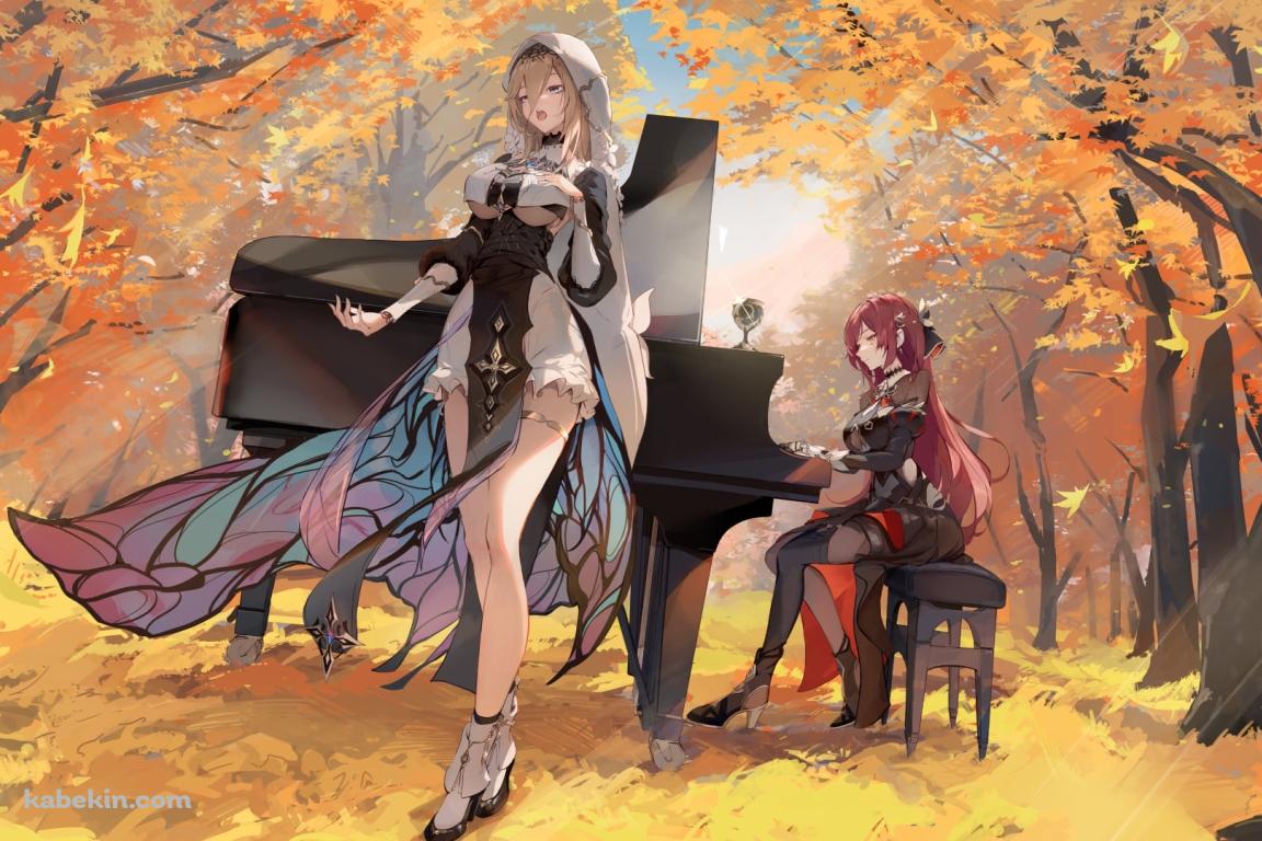 紅葉の中、歌を唄うアポニアとピアノを弾くエデン / 崩壊3rd / 崩坏3rdの壁紙(1152px x 768px) 高画質 PC・デスクトップ用