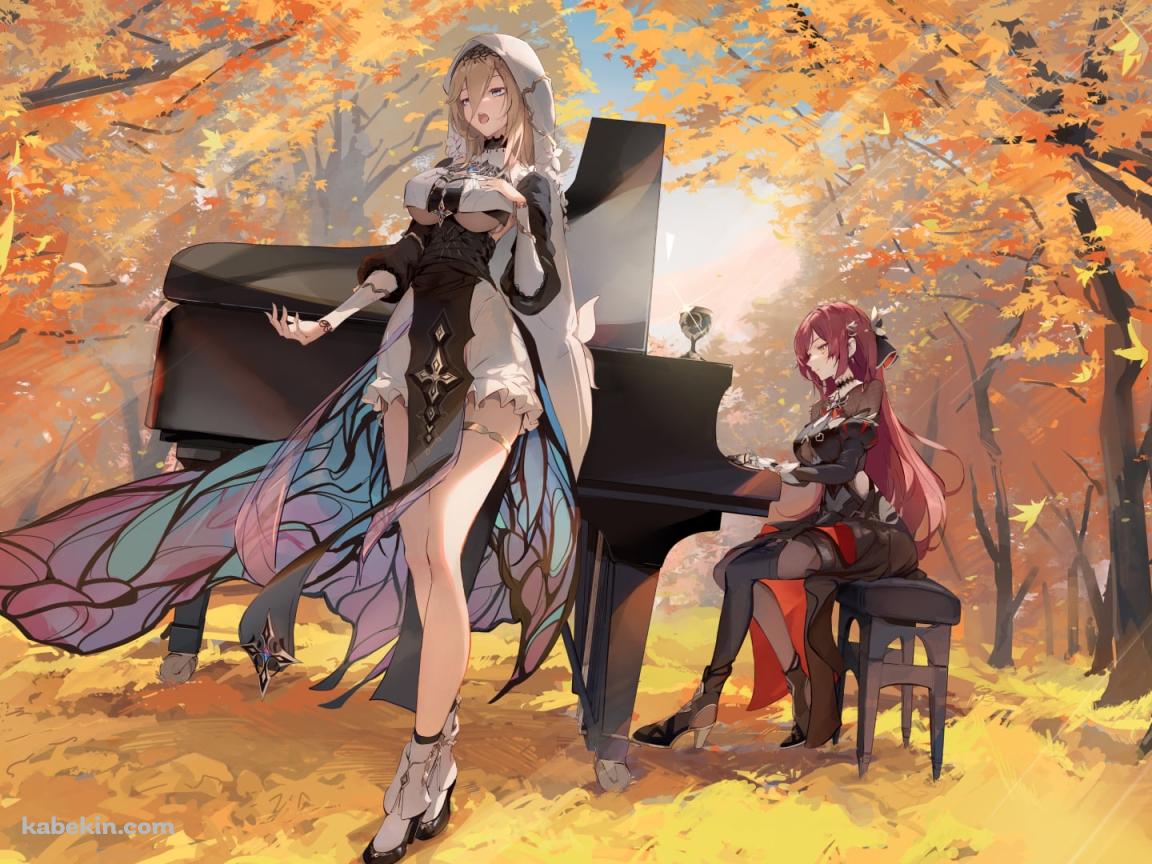 紅葉の中、歌を唄うアポニアとピアノを弾くエデン / 崩壊3rd / 崩坏3rdの壁紙(1152px x 864px) 高画質 PC・デスクトップ用