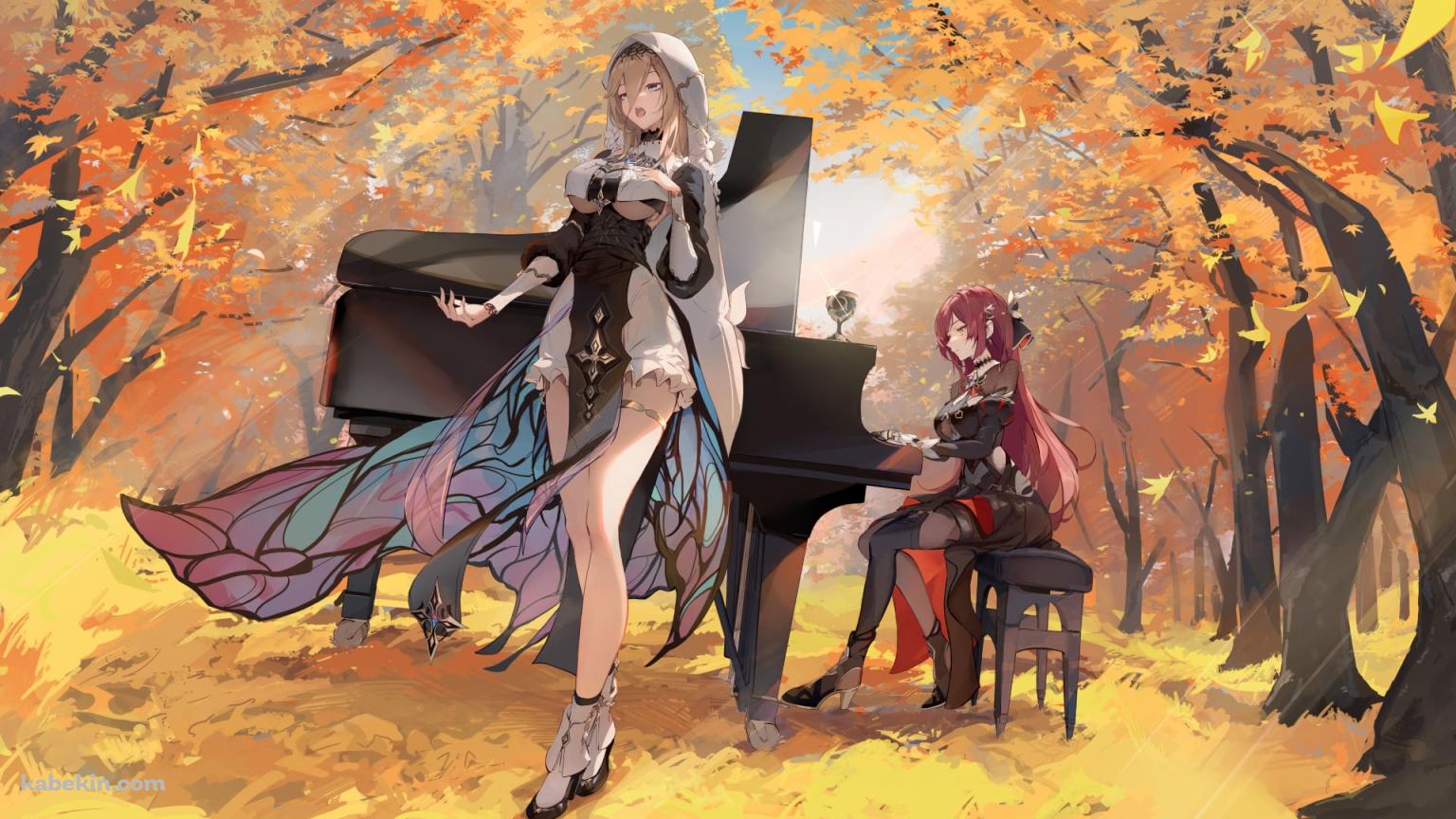 紅葉の中、歌を唄うアポニアとピアノを弾くエデン / 崩壊3rd / 崩坏3rdの壁紙(1536px x 864px) 高画質 PC・デスクトップ用