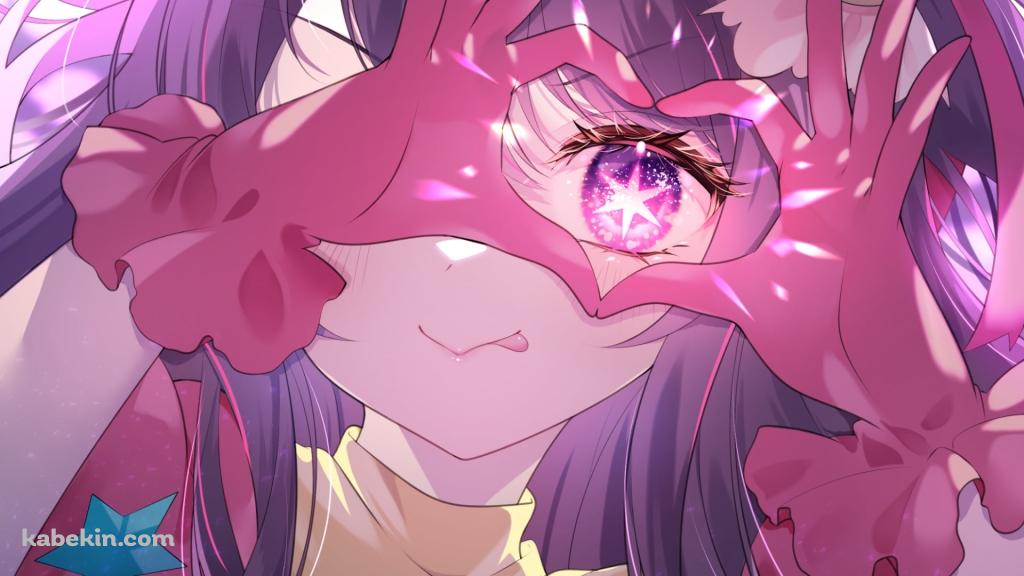 手でハートを作り目に合わせ舌を出す星野アイ / ピンクの手袋 / 推しの子の壁紙(1024px x 576px) 高画質 PC・デスクトップ用
