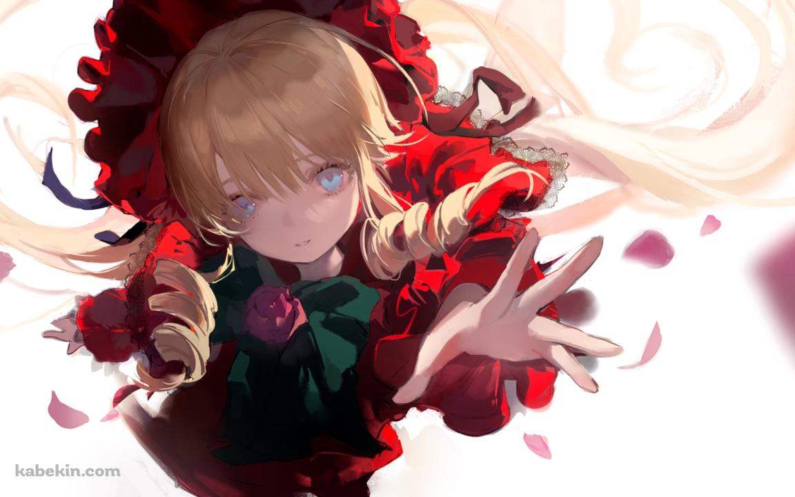 ピンクの花びらに手を伸ばす赤い洋服を着た真紅 / ローゼンメイデンの壁紙(1152px x 720px) 高画質 PC・デスクトップ用